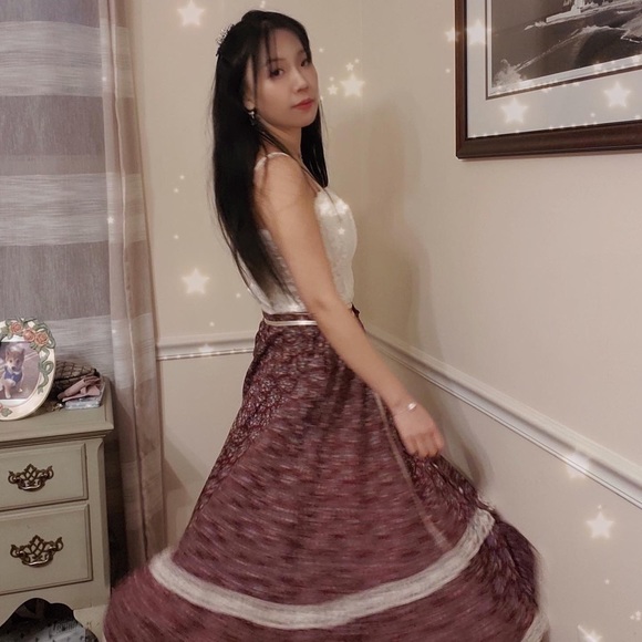 💖Beautiful💖Jessica's Gunnies Gunne Sax Burgundy Calico Lace Prairie Skirt🌟 - Picture 2 of 15
